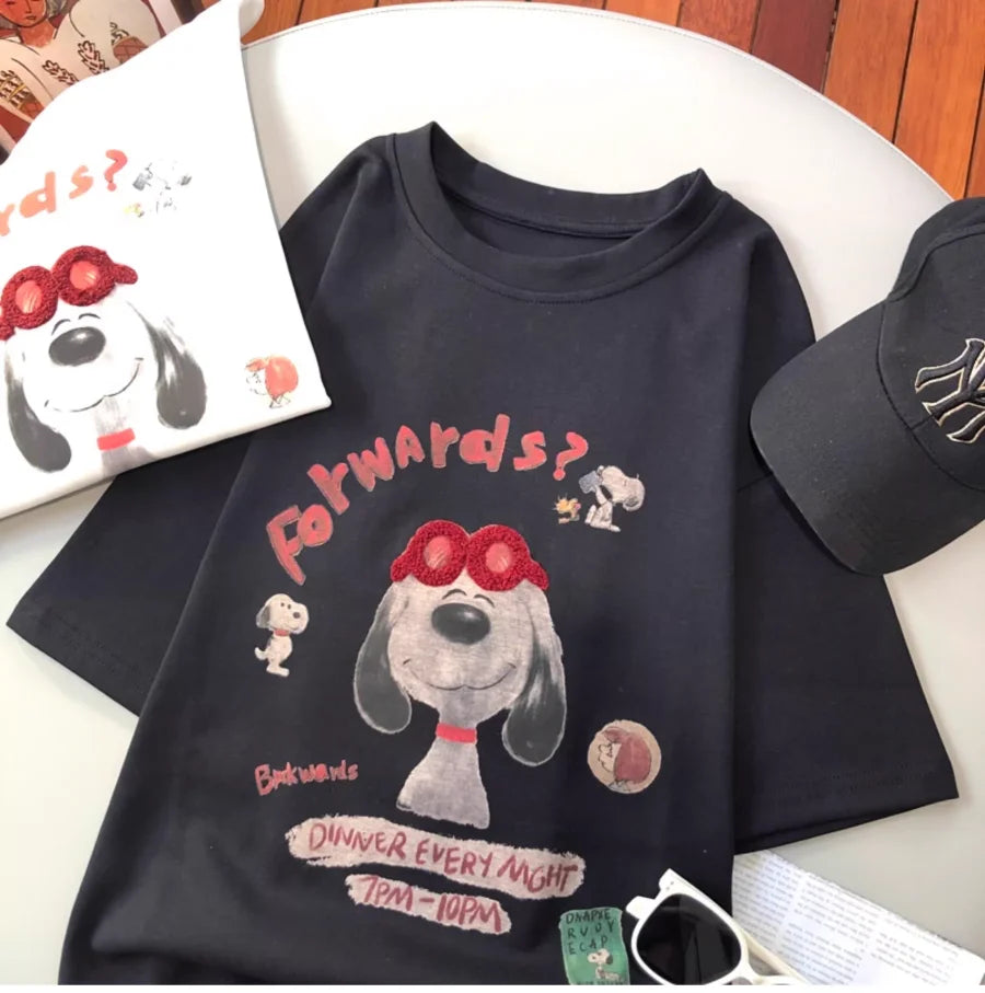 A145 - Hand-Embroidered Snoopy Outline T-Shirt - 220g Premium Heavyweight Cotton