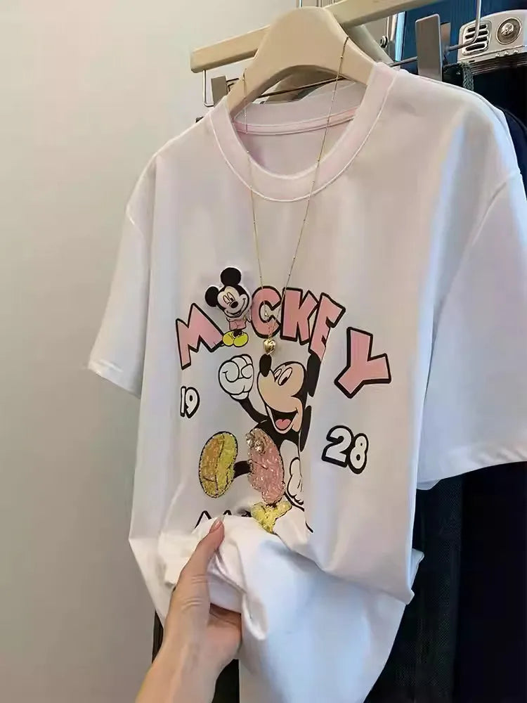 100% Cotton Mickey Mouse T-Shirt | Sequins + 3D Plush Padding + Chunky Diamond Gems