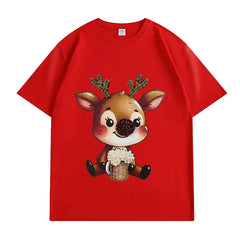 VINESU Y451 - 3D Beaded Reindeer Vintage Washed Short Sleeve Tee