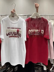 A88 - Heavy-Duty Beaded "COUGAR" 3D Flower Decor T-Shirt | 220g Cotton Loose Casual Top