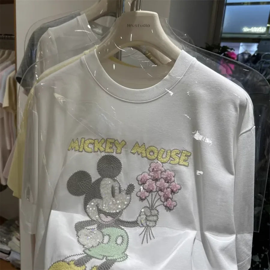 A138 - 2026 New Versatile Cotton Short Sleeve T-Shirt: Mickey Embroidery, Sequins, and 3D Flower Details