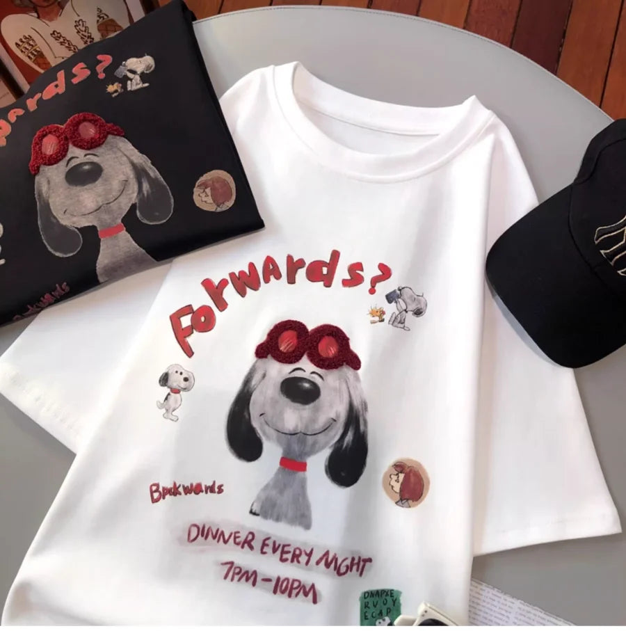 A145 - Hand-Embroidered Snoopy Outline T-Shirt - 220g Premium Heavyweight Cotton