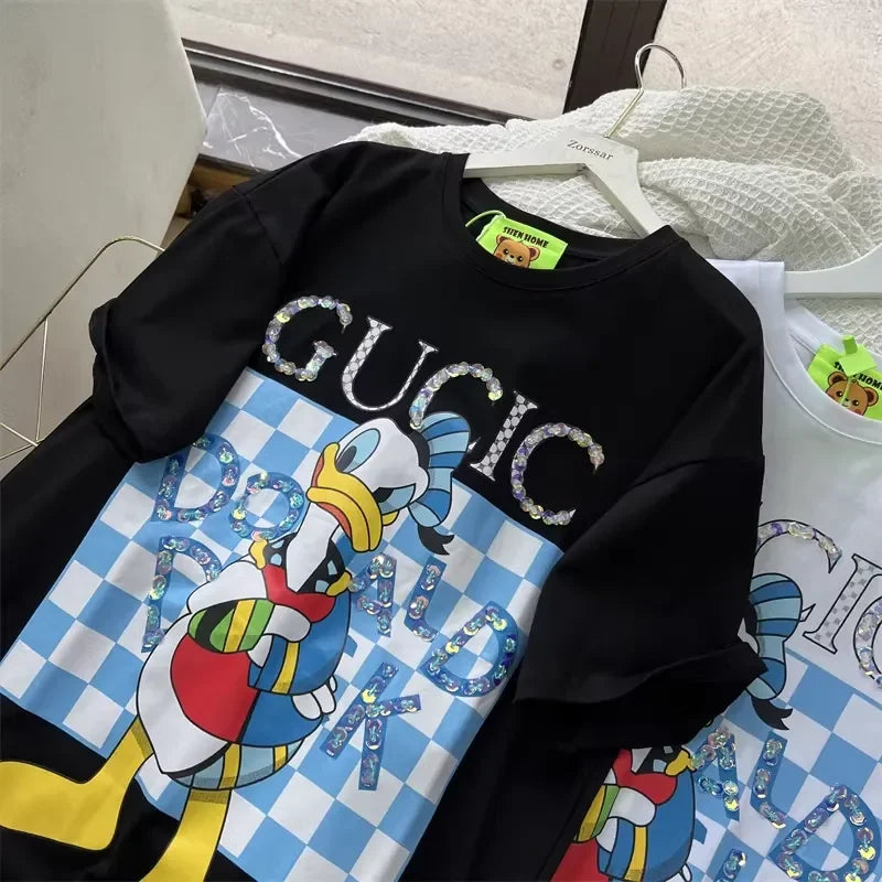 A99 - Luxury Sparkling Donald Duck Sequin Graphic T-Shirt - 220g Premium Breathable Cotton - Hand-Embellished Crystal Bead Embroidery