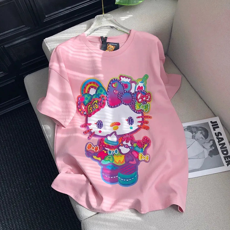 VINESU Diamond-Embellished Colorful Hello Kitty Short Sleeve 🌸