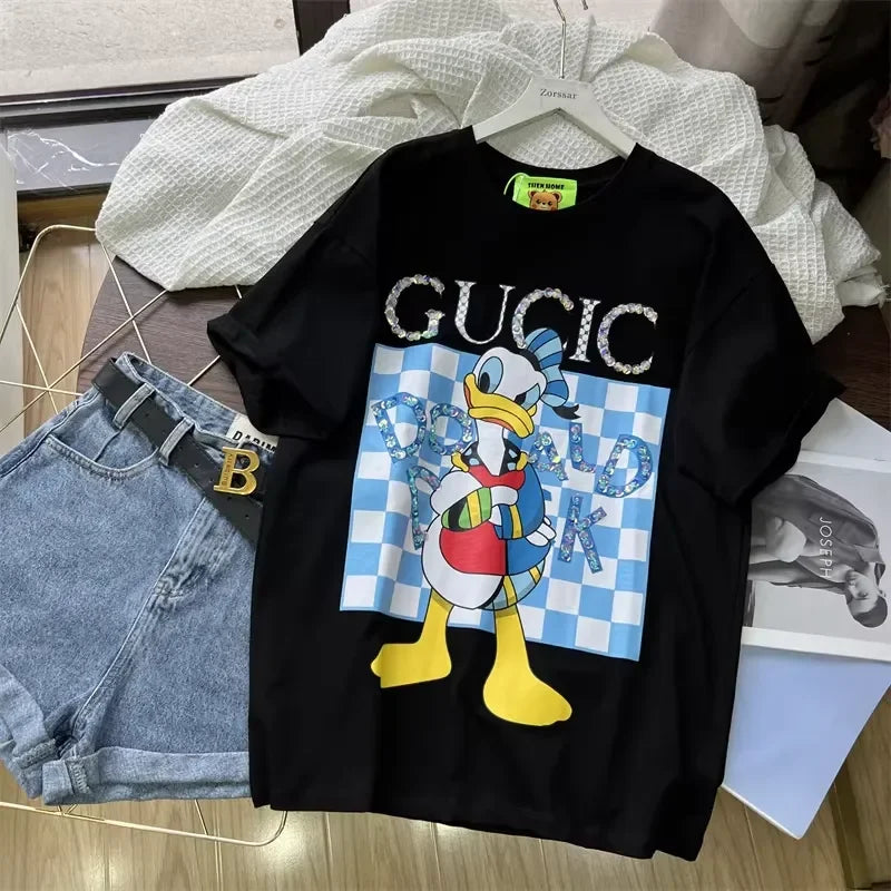 A99 - Luxury Sparkling Donald Duck Sequin Graphic T-Shirt - 220g Premium Breathable Cotton - Hand-Embellished Crystal Bead Embroidery