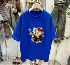VINESU Magic Style Hello Kitty Rhinestone Glasses Embroidered T-Shirt