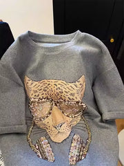 A92 - Luxury Hand-Beaded Leopard Tee | 220g Heavyweight Breathable Cotton | Premium Oversized Slouchy Top