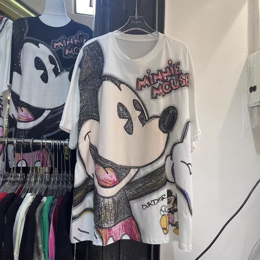 A130 - Minnie Mouse Oversized Graphic T-Shirt - Sequined Streetwear 300g Cotton Tee