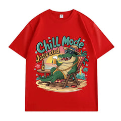 VINESU 100% Cotton Oversized T-Shirt: Chill Mode Activated Crocodile Vacation Graphic Print