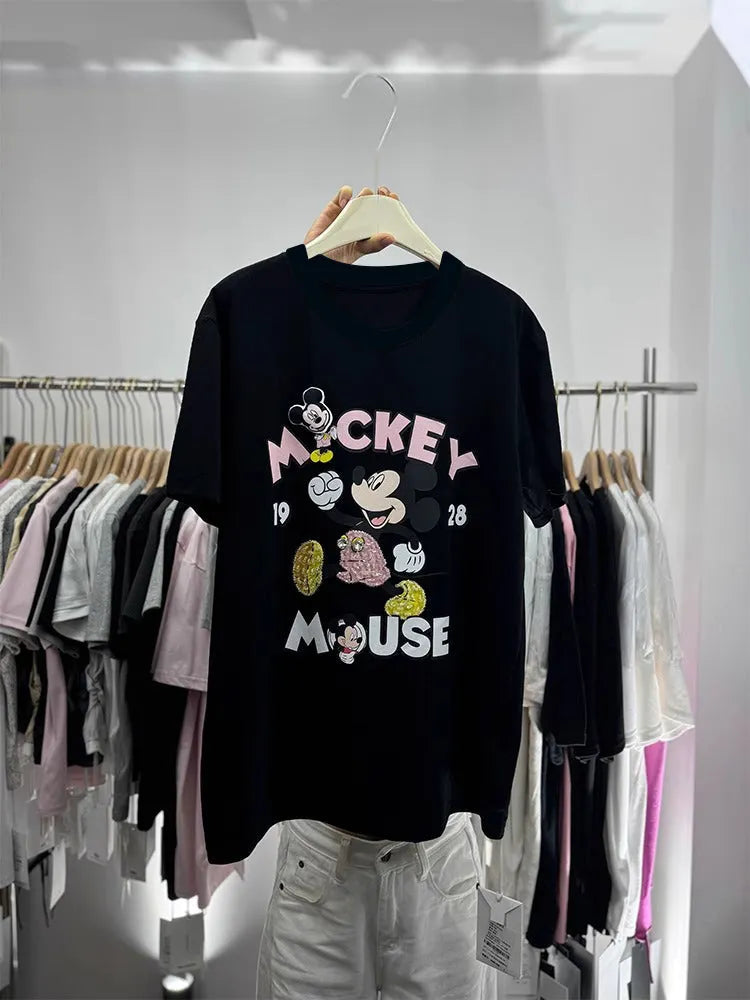 100% Cotton Mickey Mouse T-Shirt | Sequins + 3D Plush Padding + Chunky Diamond Gems