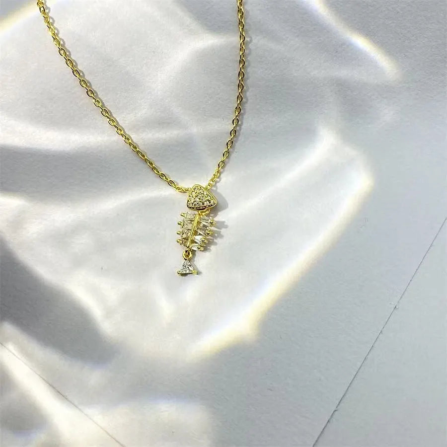VINESU 925 Sterling Silver Fishbone Heart Necklace with Cubic Zirconia - Gold Plated Pendant Necklace with Gift Box for Women