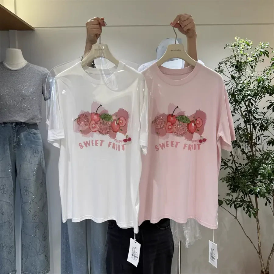 A134 - Heavywork Cherry Tee: 220g Organic Cotton | 3D Hand-Stitched Crystal Beads | Summer 2026 Edition