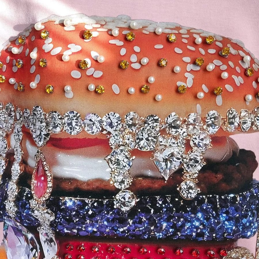 VINESU Pink Edgy-Cute Tee with Heavy Rhinestone Burger Print