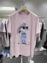 VINESU Cartoon Diamond Embellishments + Embroidered Bead Sunglasses Bunny Short-Sleeve T-Shirt