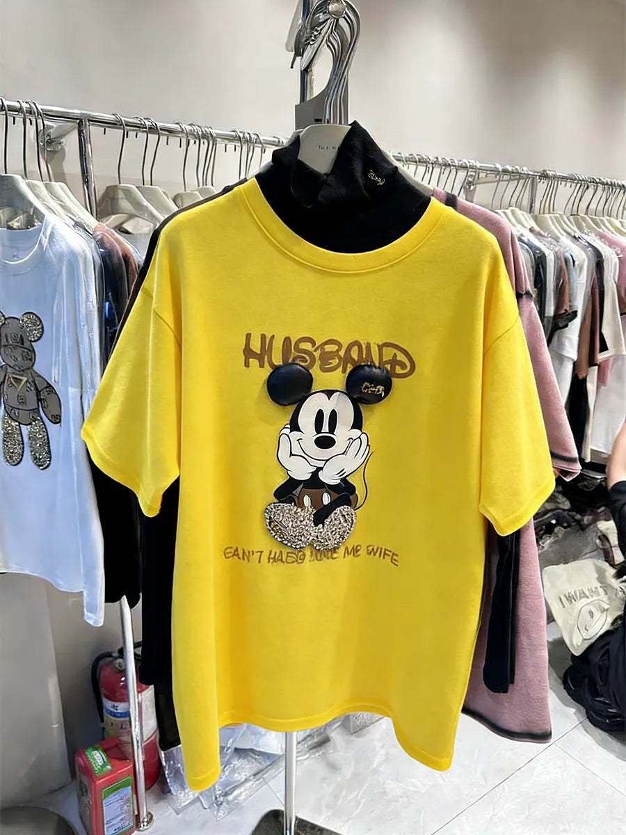 VINESU Rhinestone Cartoon Mouse TEE - 3D Bling Design, Sweet-Cool Street Style
