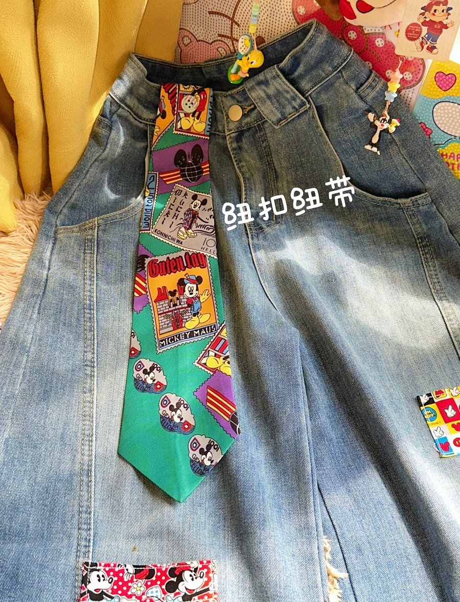 Vinesu A58 - Handmade Retro Mickey Patchwork Wide-Leg Jeans | 90s Nostalgia Custom Denim (No Belt Included)