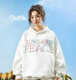 VINESU a38 - Pearl-Embellished "LOVE AND PEACE" Graphic Hoodie, Y2K Aesthetic Pullover