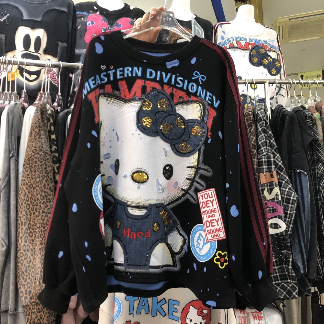 Sequin Embroidered HELLOKITTY Character Lightweight Sweatshirt – Double Side Graphic Crewneck