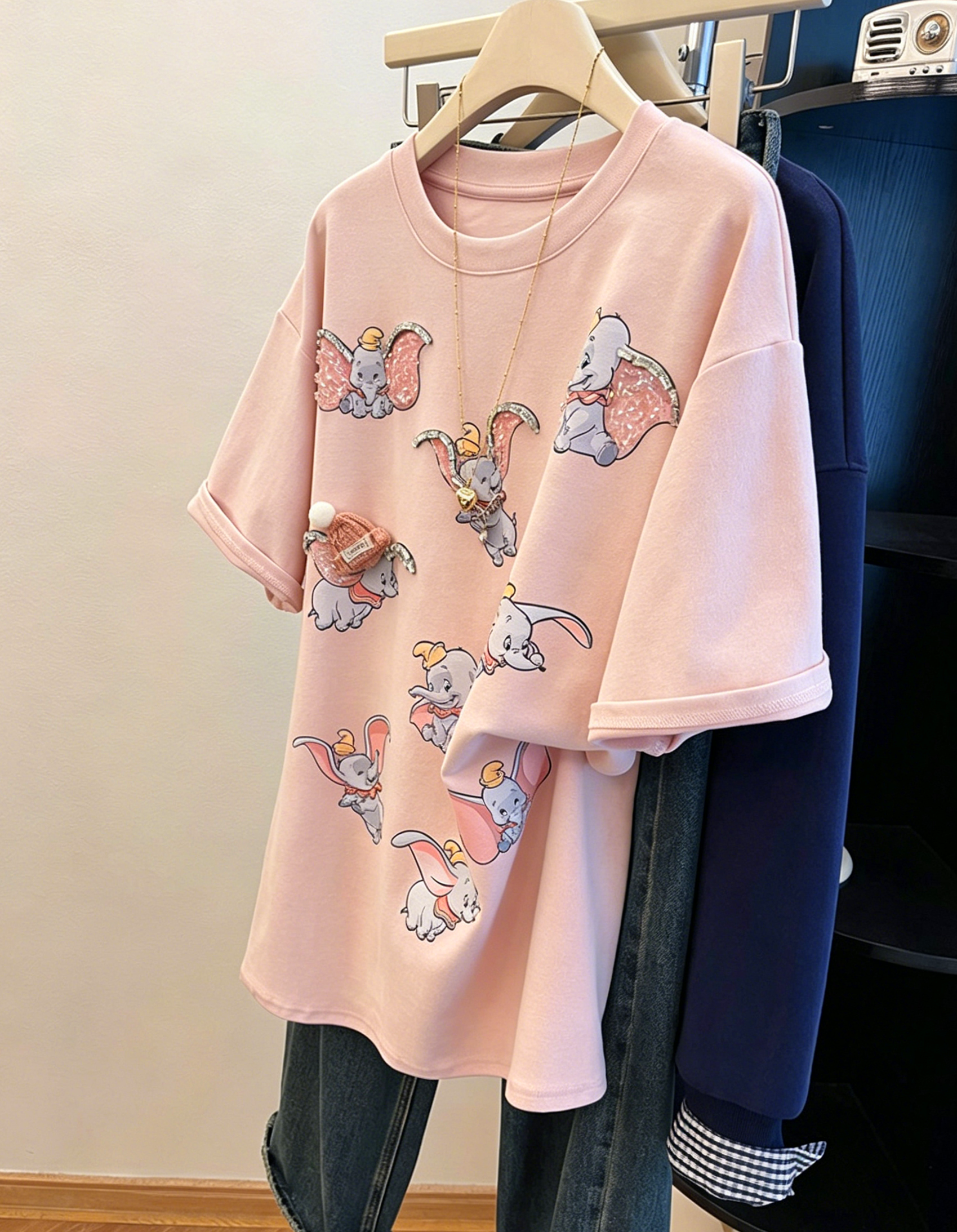 VINESU 3D Cute Flying Elephant Graphic Oversized Tee | Handmade Hat, Heart Necklace & Beaded Rhinestone Details