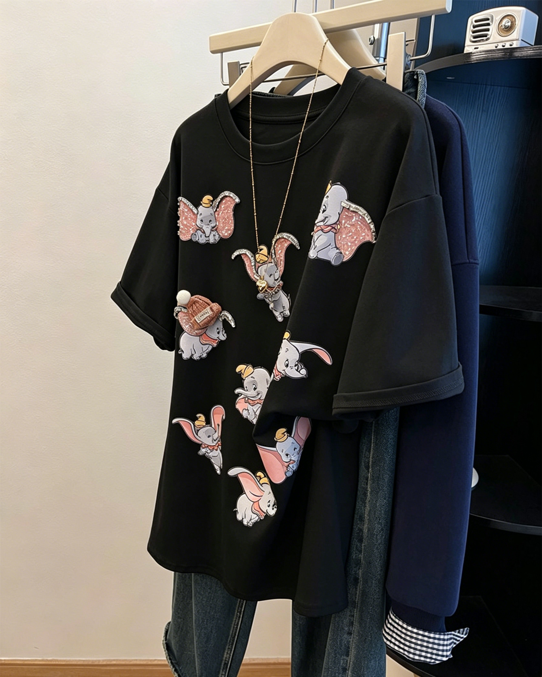 VINESU 3D Cute Flying Elephant Graphic Oversized Tee | Handmade Hat, Heart Necklace & Beaded Rhinestone Details