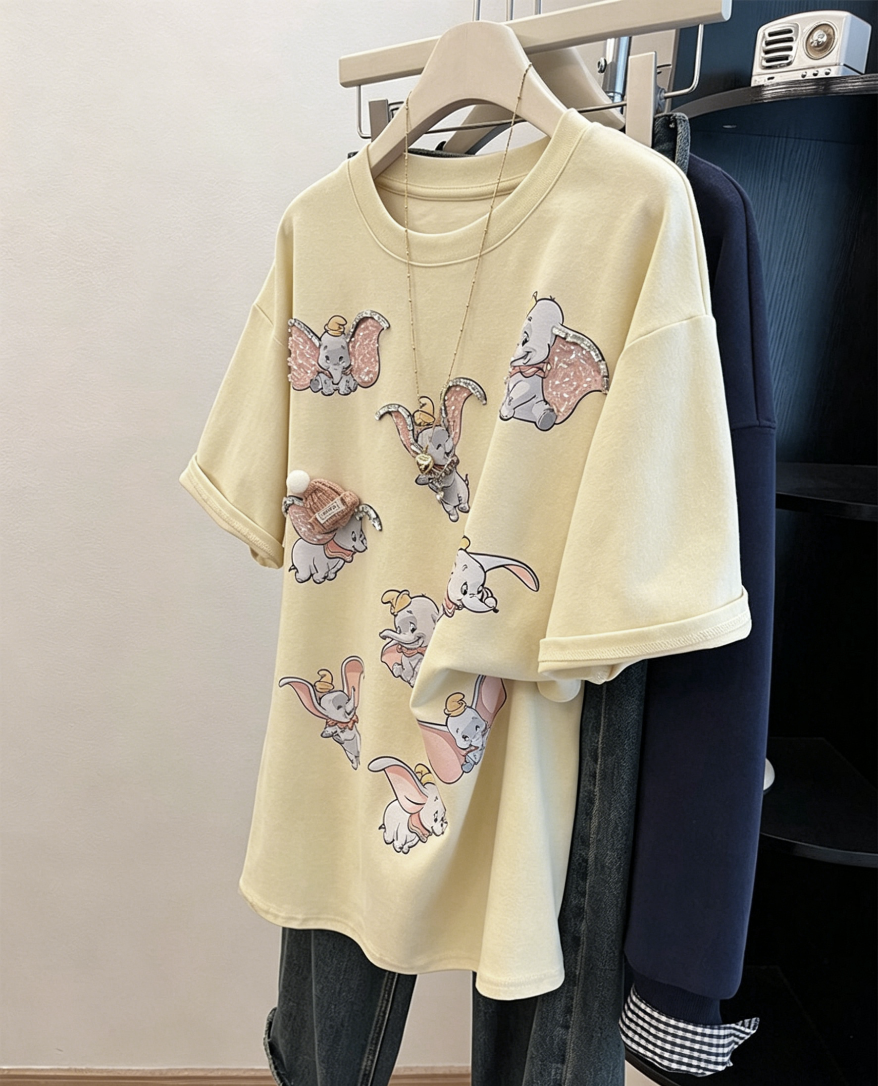 VINESU 3D Cute Flying Elephant Graphic Oversized Tee | Handmade Hat, Heart Necklace & Beaded Rhinestone Details