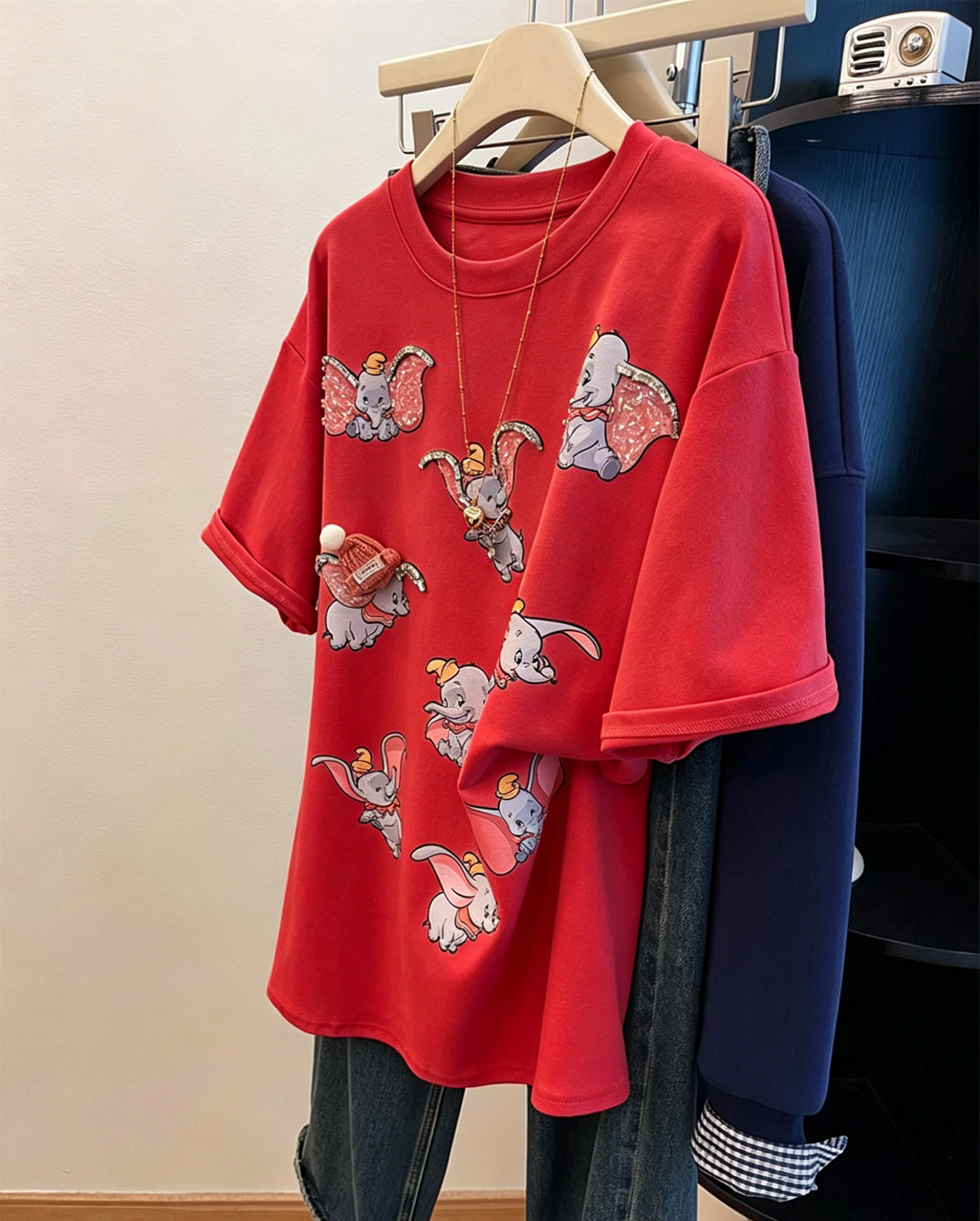 VINESU 3D Cute Flying Elephant Graphic Oversized Tee | Handmade Hat, Heart Necklace & Beaded Rhinestone Details
