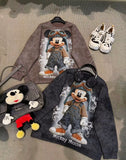 Heavy Rhinestone Mickey Graphic Sweatshirt – Vintage Pilot Style Oversized Crewneck