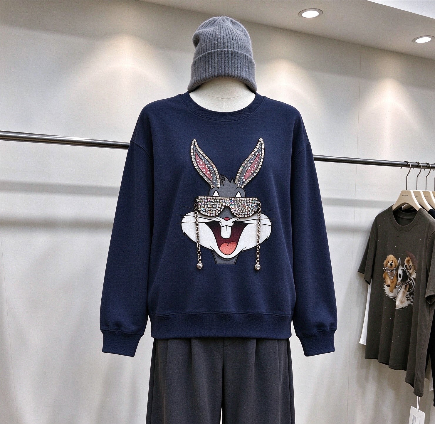 Rhinestone Bugsbunny Graphic Sweatshirt | 3D Chain & Beaded Sunglasses Crewneck
