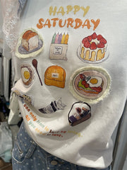 A178 - Happy Saturday Graphic Tee - Vintage Aesthetic Food Illustration T-Shirt for Women - Cute Coquette Style Patchwork Cotton Top