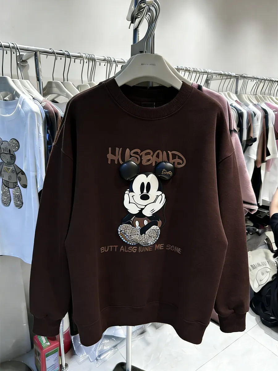 VINESU Rhinestone Retro Cartoon Sweatshirt - 3D Bling Design, Sweet-Cool Street Style