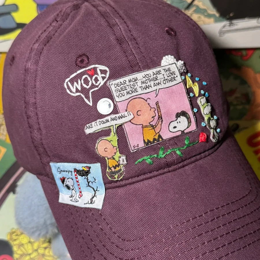 Vinesu H18 - Retro Snoopy Embroidered Baseball Cap - Vintage Washed Denim Comic Patch Hat, Aesthetic Peanuts Cartoon Dad Hat for Men & Women