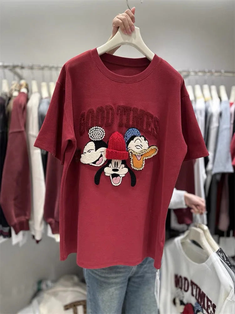 3D Knit Beanie Mickey Mouse Embroidered T-Shirt - Artisanal Character Graphic Tee - 220g Premium Heavyweight Cotton - Structured Boxy Fit