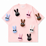 A241 - Cool Bunny Handmade 3D Appliqué T-Shirt | Sunglasses Bunny Cotton Tee (Multi Colors)