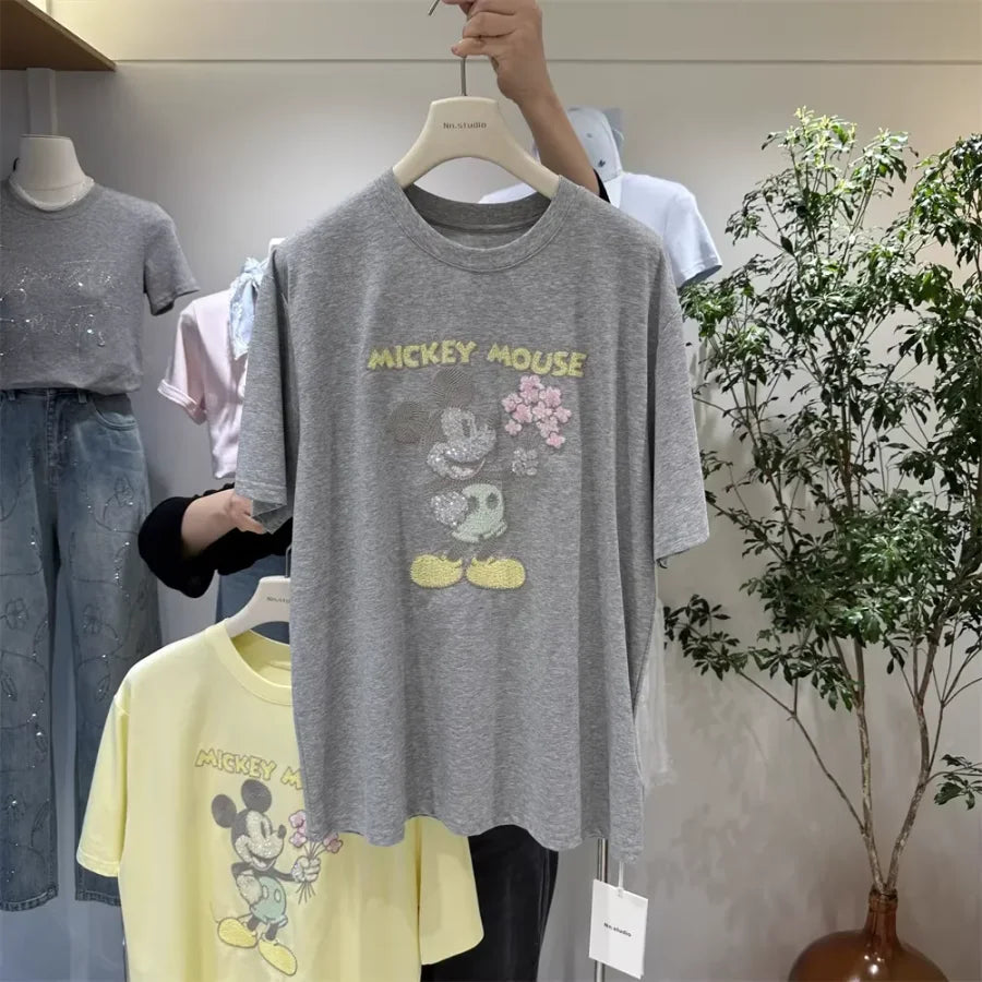 A138 - 2026 New Versatile Cotton Short Sleeve T-Shirt: Mickey Embroidery, Sequins, and 3D Flower Details