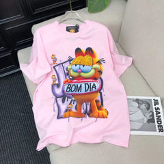 VINESU Rhinestone-Embellished Lazy Cat BOM DIA T-Shirt