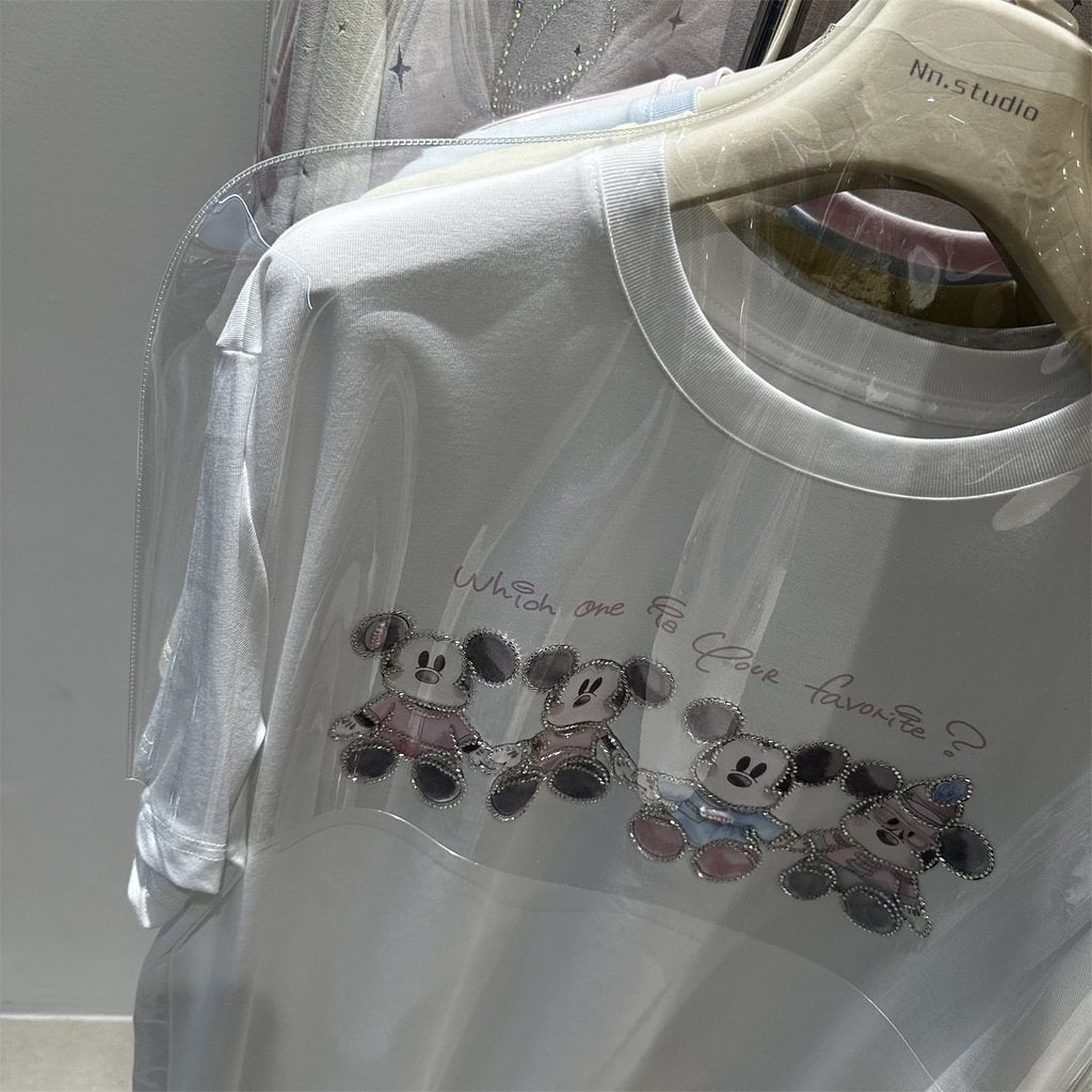 A181 - Luxury 3D Mickey Mouse Graphic Tee - Crystal Seed Bead Embroidery with Mini Sunglasses