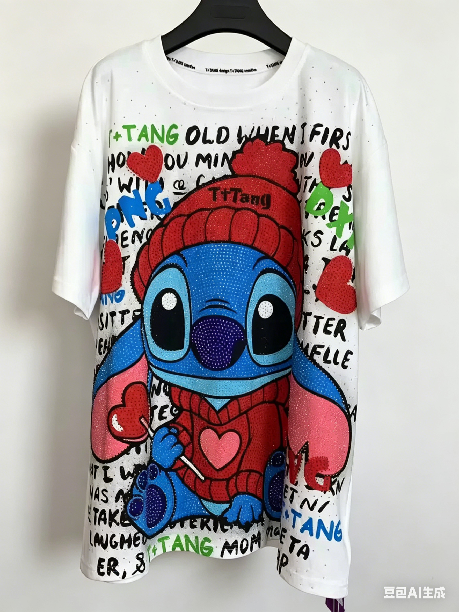 A195 90s Retro Cartoon Fun: Sparkling Stitch Rhinestone Graphic T-Shirt