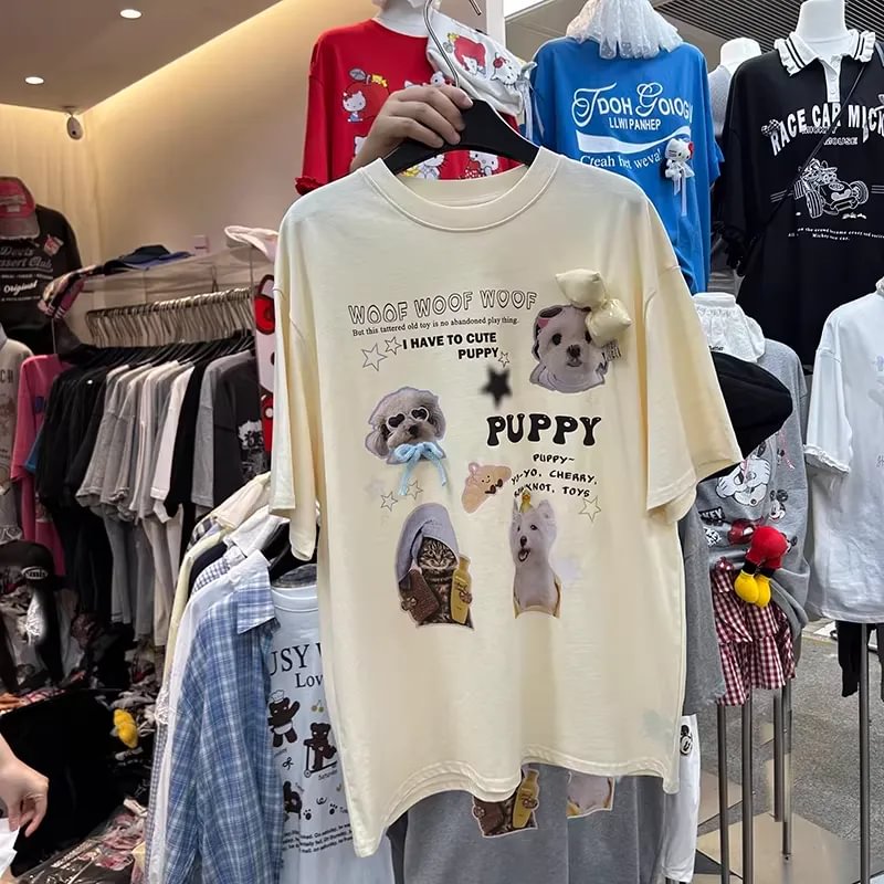A83 - Handmade 3D Felt Pet Collage T-Shirt | Artisan Hand-Stitched Cute Animal Tee