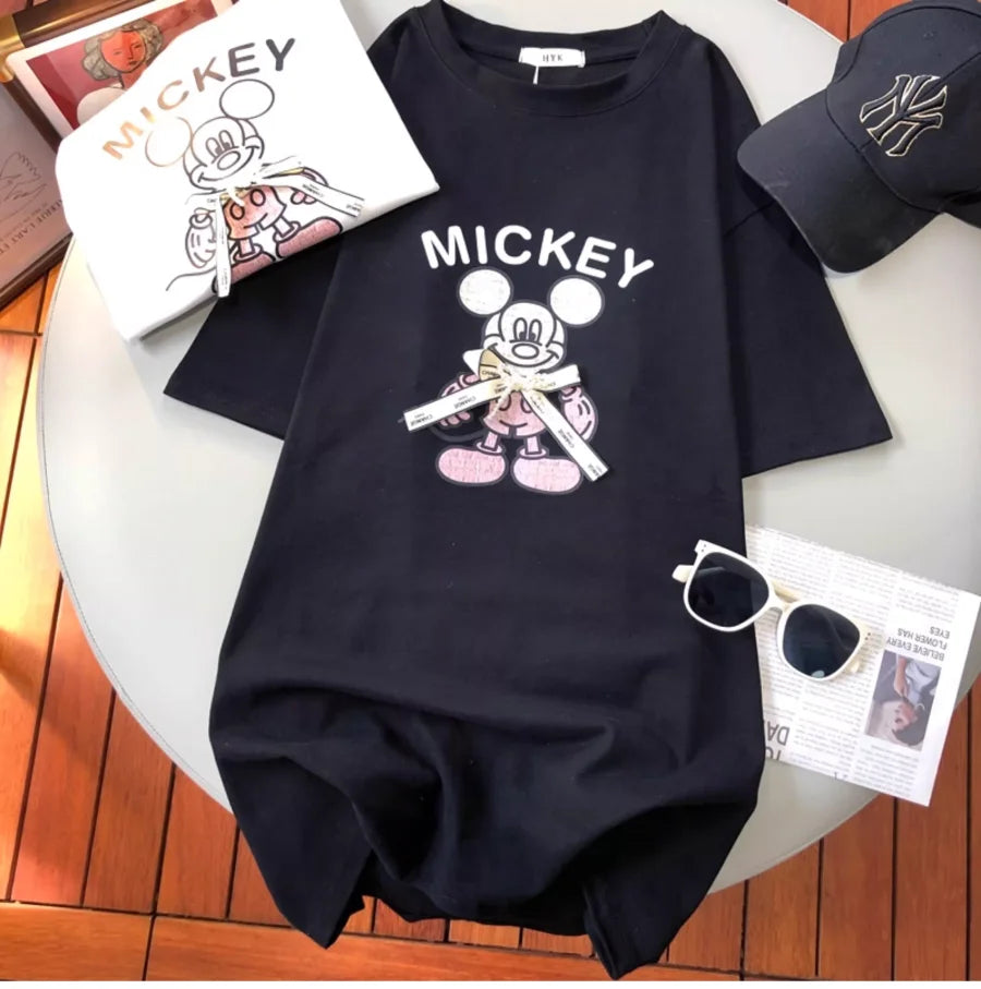 A143 - Luxury Handcrafted Pearl Ribbon Mickey T-Shirt - 220g Premium Heavyweight Cotton
