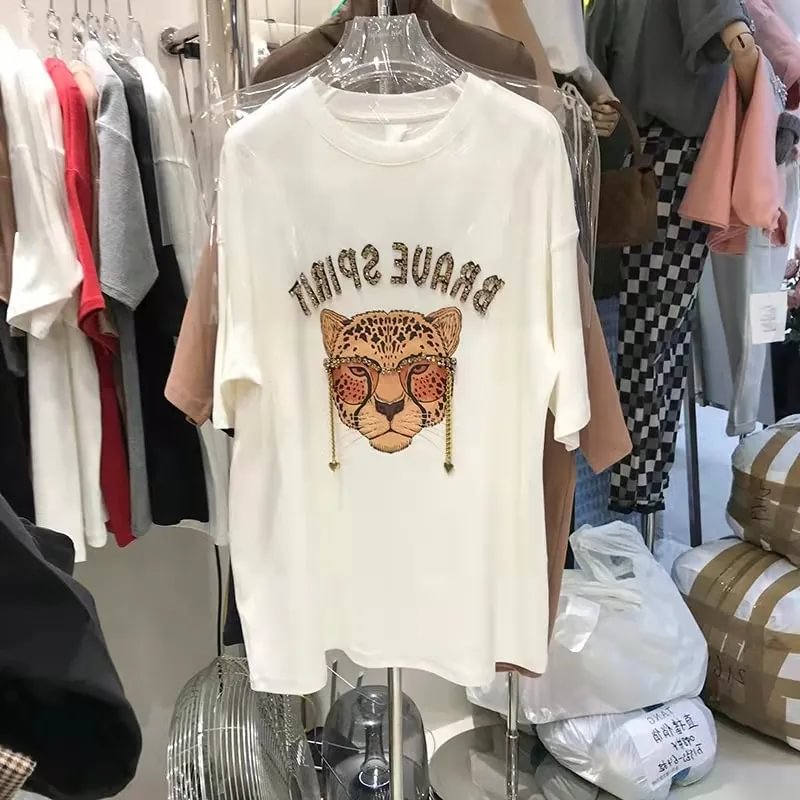 VINESU A28 - Rhinestone Leopard Head Chain Oversized Tee, Brave Spirit Graphic Print T-Shirt