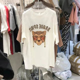 VINESU A28 - Rhinestone Leopard Head Chain Oversized Tee, Brave Spirit Graphic Print T-Shirt