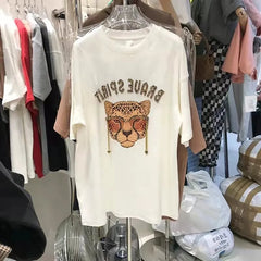 VINESU A28 - Rhinestone Leopard Head Chain Oversized Tee, Brave Spirit Graphic Print T-Shirt