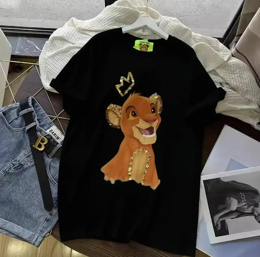 220g Cotton Simba Graphic Tee - Gold Sequin Crown & Ear Embellishments - Unisex