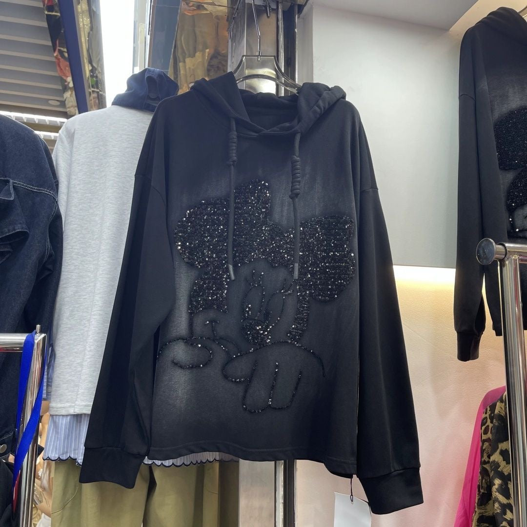 Sequin Embroidered Minnie Hoodie – Lightweight Oversized Pullover