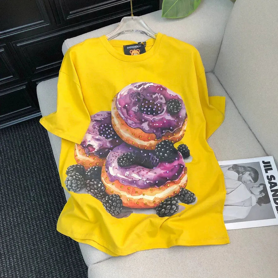 VINESU Heavy Beaded Donut Print Short Sleeve