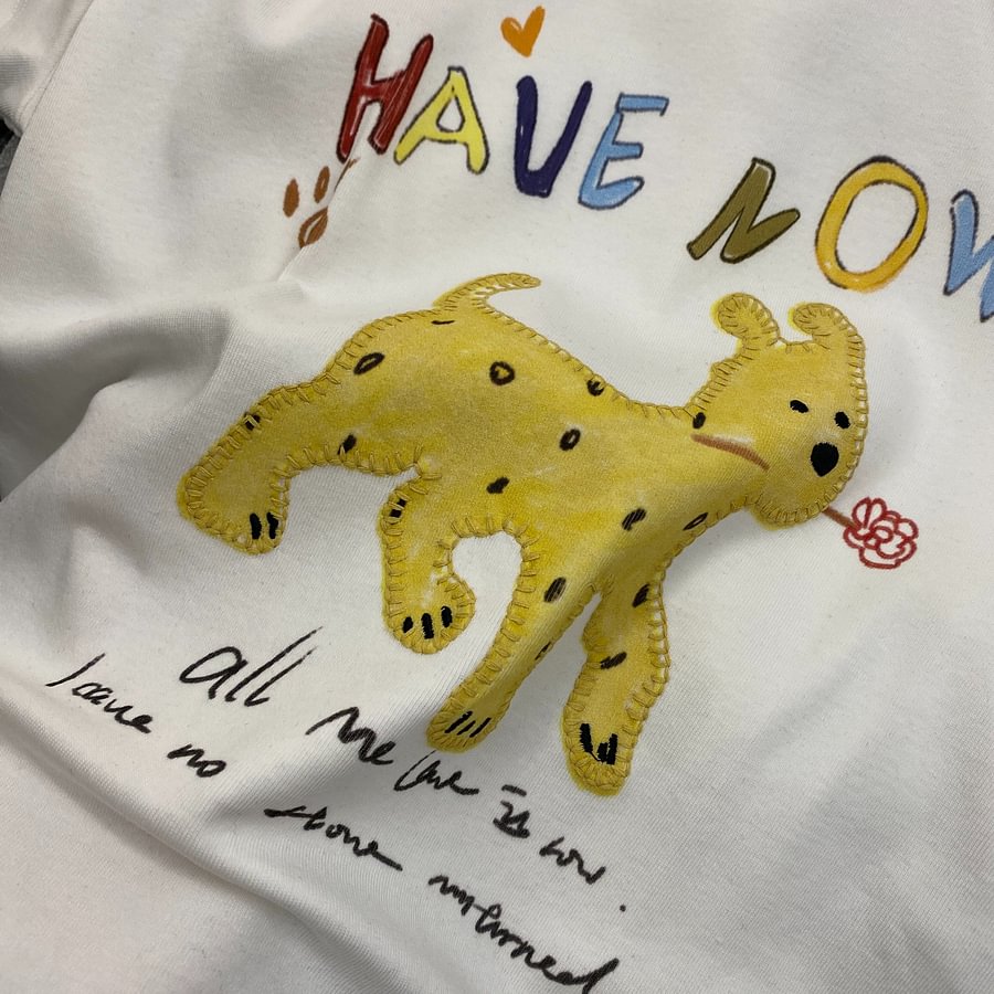 A186 - Doodle Puppy Graphic Tee - Hand-Embroidered Artistic Detail - 220g Premium Heavyweight Cotton