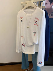 VINESU A46 Women’s Oversized Hello Kitty All-Over Embroidery Long Sleeve Tee | Sanrio Coquette Top