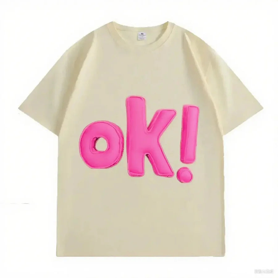 VINESU OK! Letter 3D - Decorated White T-shirts 💗 Unlock Casual Trendy Vibe-Pink