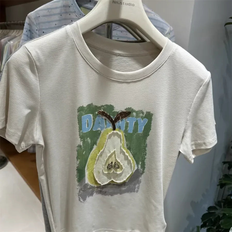 A140 - 220g 100% Cotton Short Sleeve T-Shirt: Pear Pattern, Heavy Hand-beaded Embroidery