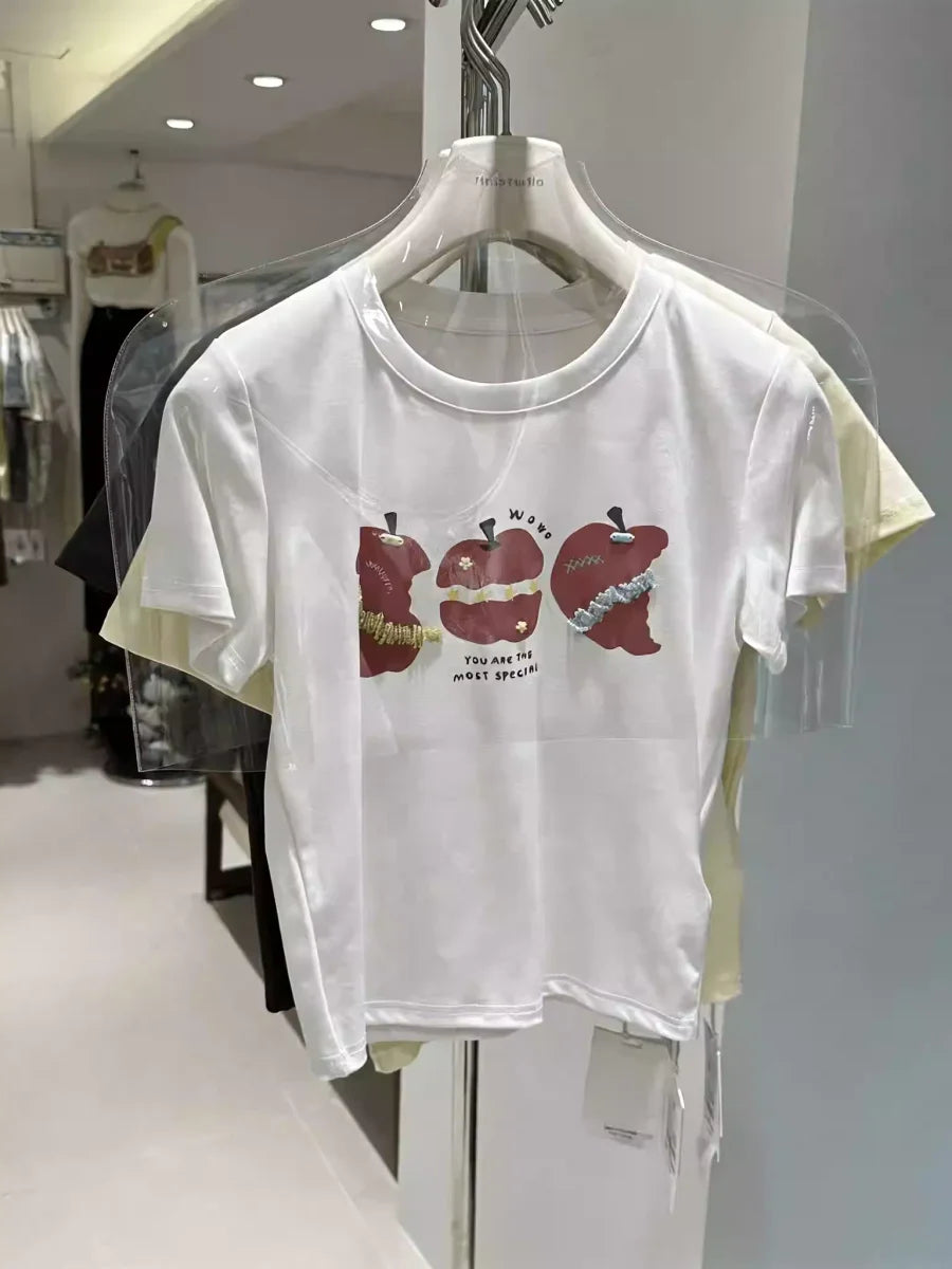 A117 - Premium 220 GSM Heavyweight Cotton Tee - Artistic Apple Graphic with Handmade 3D Details